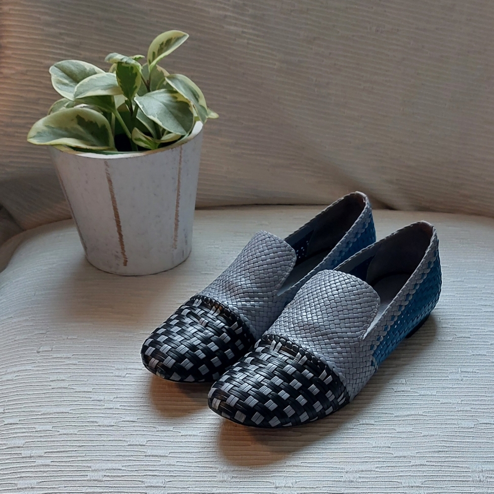 Stuart Weitzman Woven Slip-On Loafers in Blue, Gray & Black Size 6.5